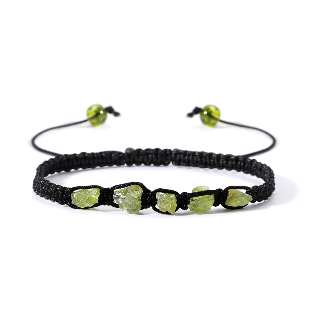 Bracelet Péridot Brut Tressé Homme et Femme – Pierres Naturelles Vert Olive sur Cordon Noir Réglable, Bracelet Pierre Naturelle, Idée Cadeau