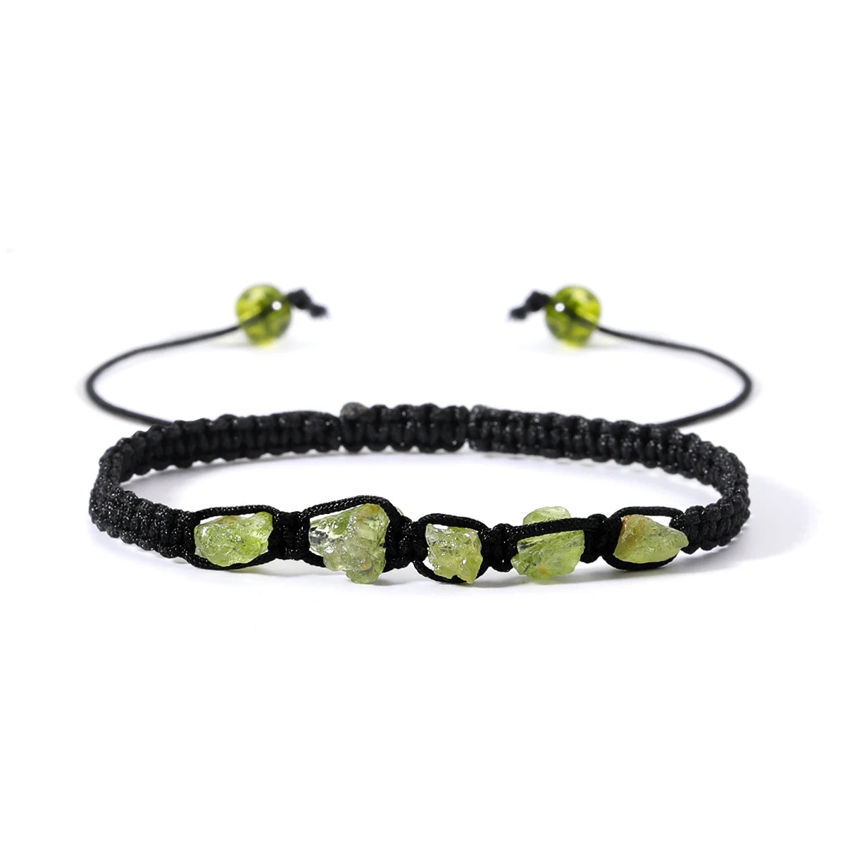 Bracelet Péridot Brut Tressé Homme et Femme – Pierres Naturelles Vert Olive sur Cordon Noir Réglable, Bracelet Pierre Naturelle, Idée Cadeau