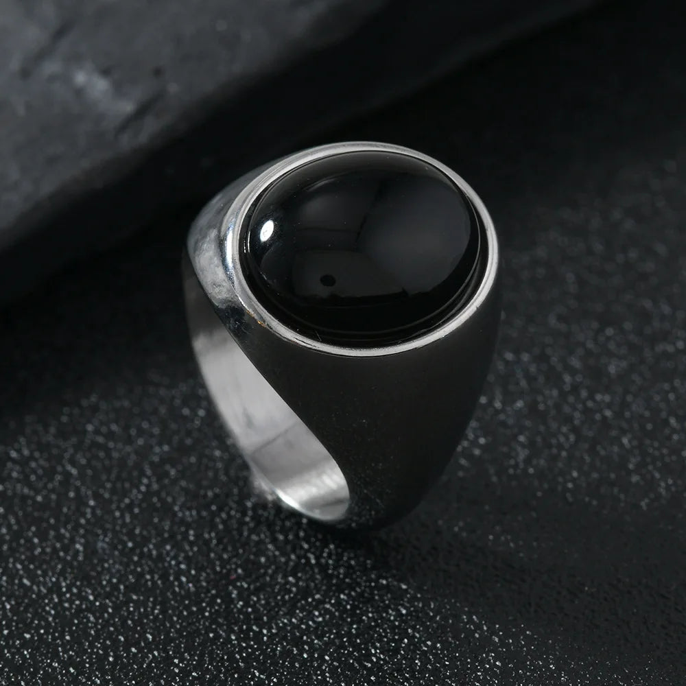 Chevalière Homme en Acier Inoxydable – Cabochon Onyx Noir, Œil de Tigre ou Aventurine, Argenté ou Doré