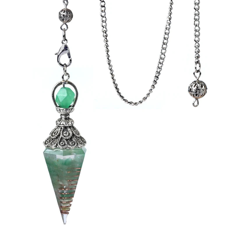 Pendule Cône en Orgonite aux Éclats de Pierres Naturelles – Monture Argent Vieilli, 10 Modèles