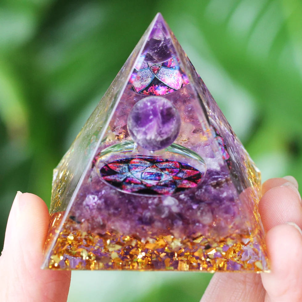 Pyramide d'Orgonite à Sphère d'Améthyste – 5 cm, Arbre de Vie, Chakras, 35 Modèles