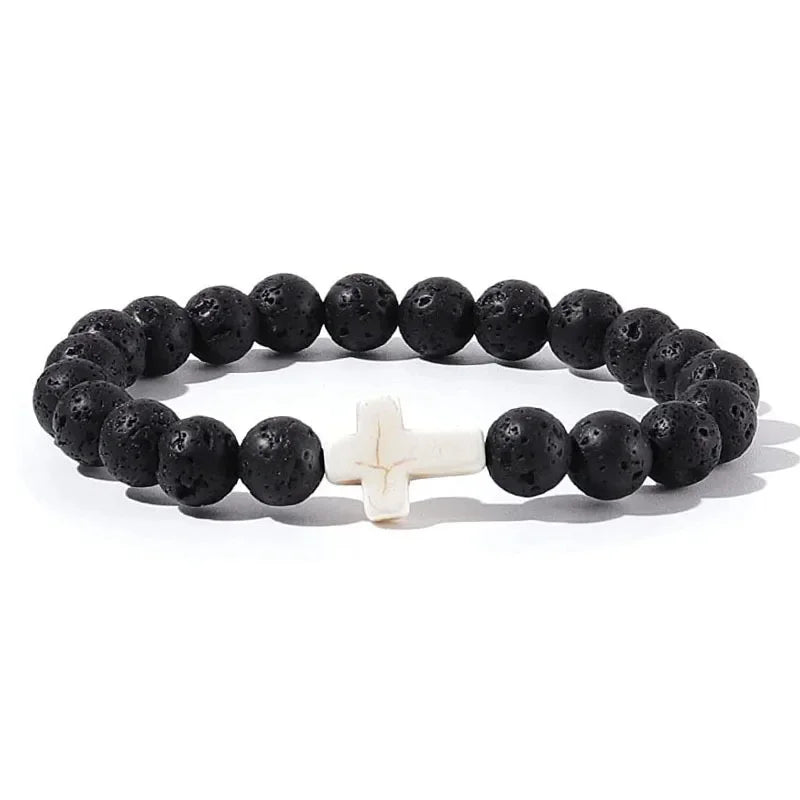 Bracelet Croix en Pierre Naturelle 8 mm – Œil de Tigre, Onyx, Howlite ou Pierre de Lave