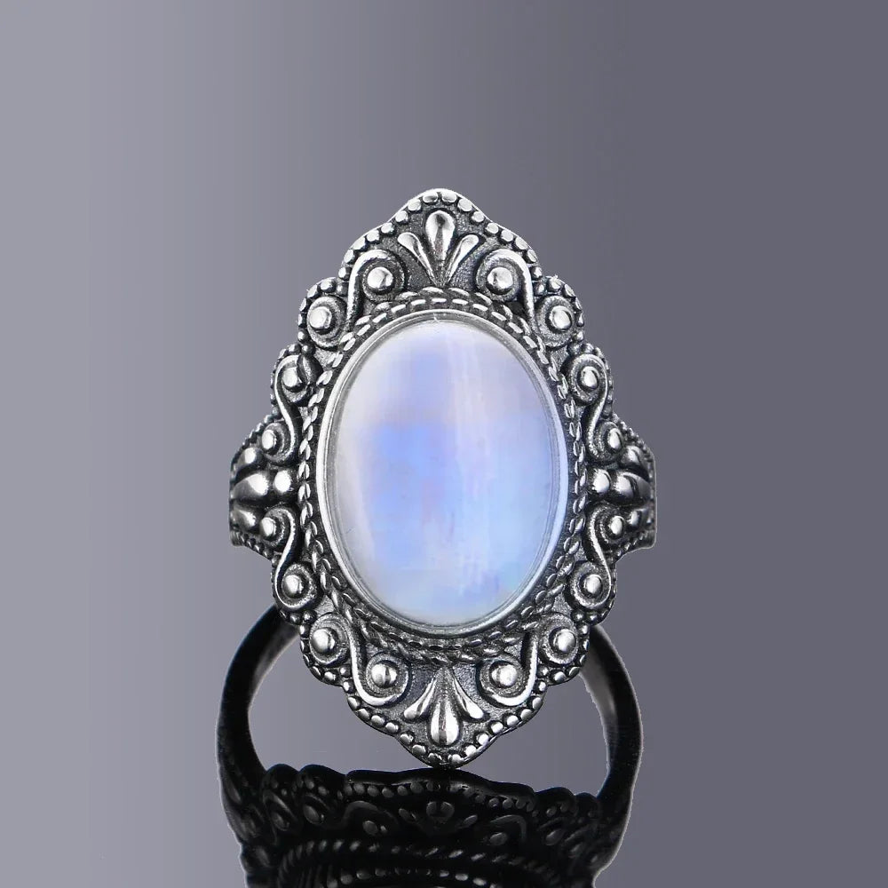 Bague Vintage Ovale en Pierre Naturelle – Labradorite, Pierre de Lune ou Lapis-Lazuli, Monture Ciselée