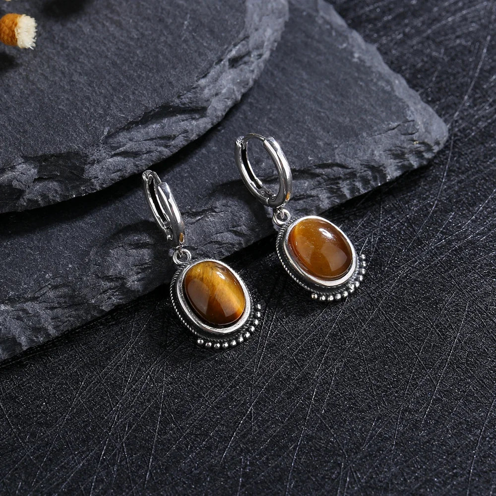 Boucles d'Oreilles Créoles Vintage à Cabochon Ovale – Pierre de Lune, Labradorite, Améthyste… Plaqué Argent