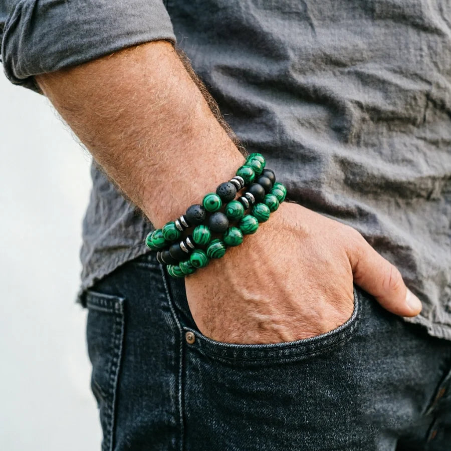 Lot de 3 Bracelets Homme en Pierres Naturelles – Œil de Tigre, Pierre de Lave et Onyx Mat
