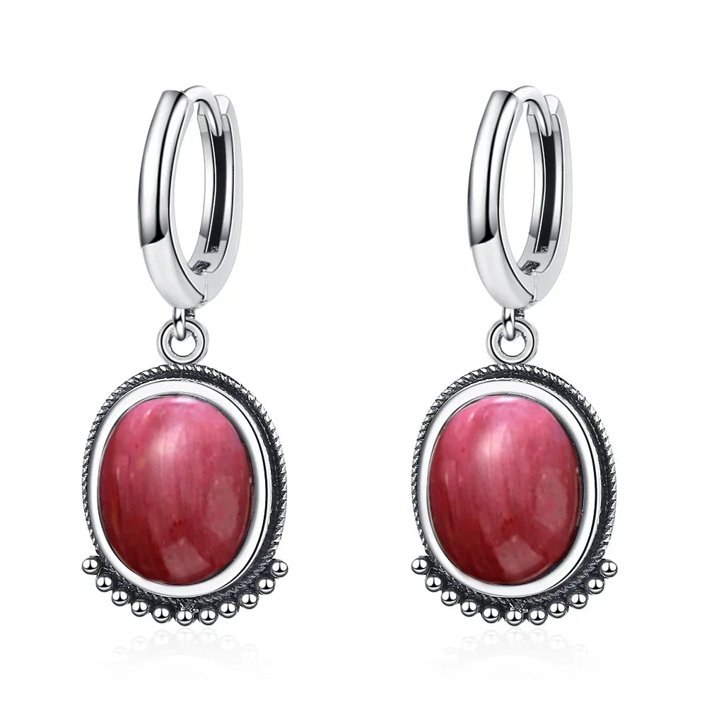 Boucles d'Oreilles Créoles Vintage à Cabochon Ovale – Pierre de Lune, Labradorite, Améthyste… Plaqué Argent