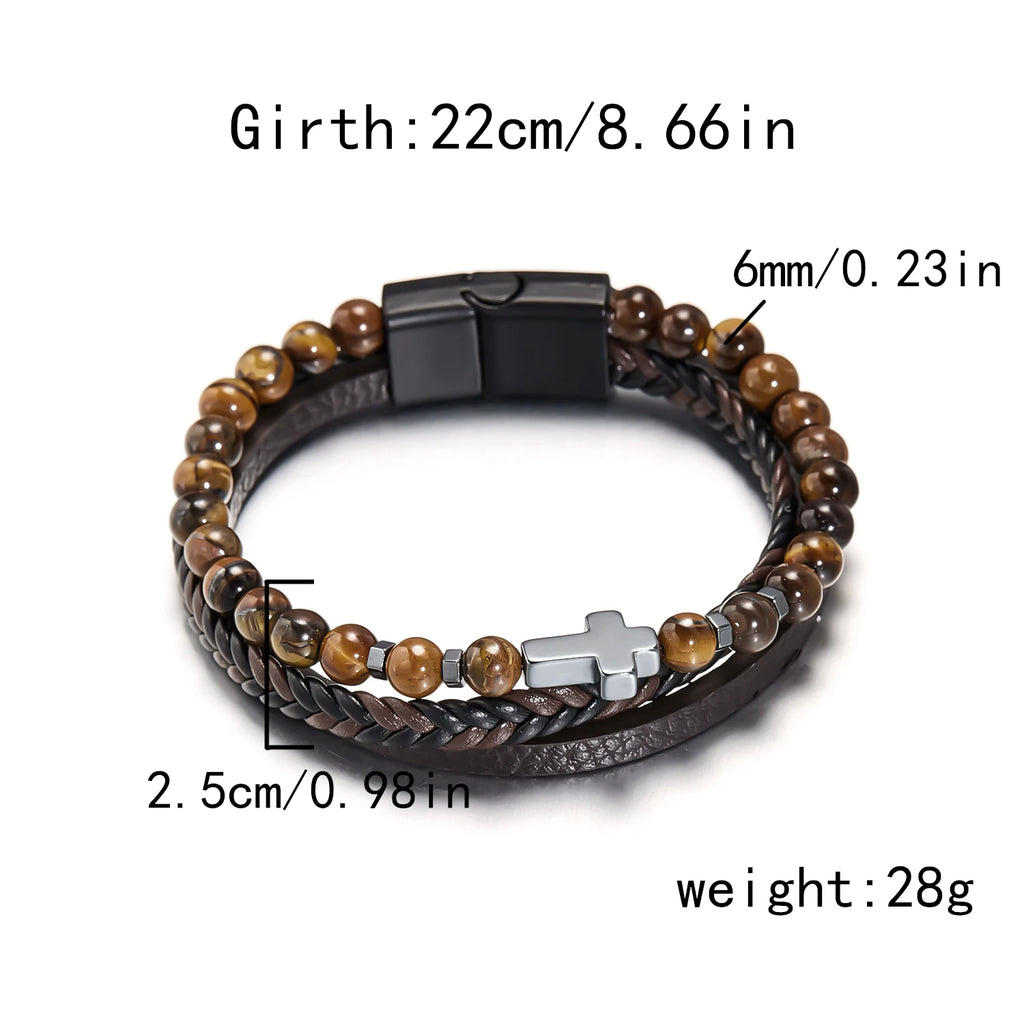 Bracelet Cuir Homme Multi-Rangs avec Perles de Pierre et Croix – 22 cm, 4 Coloris