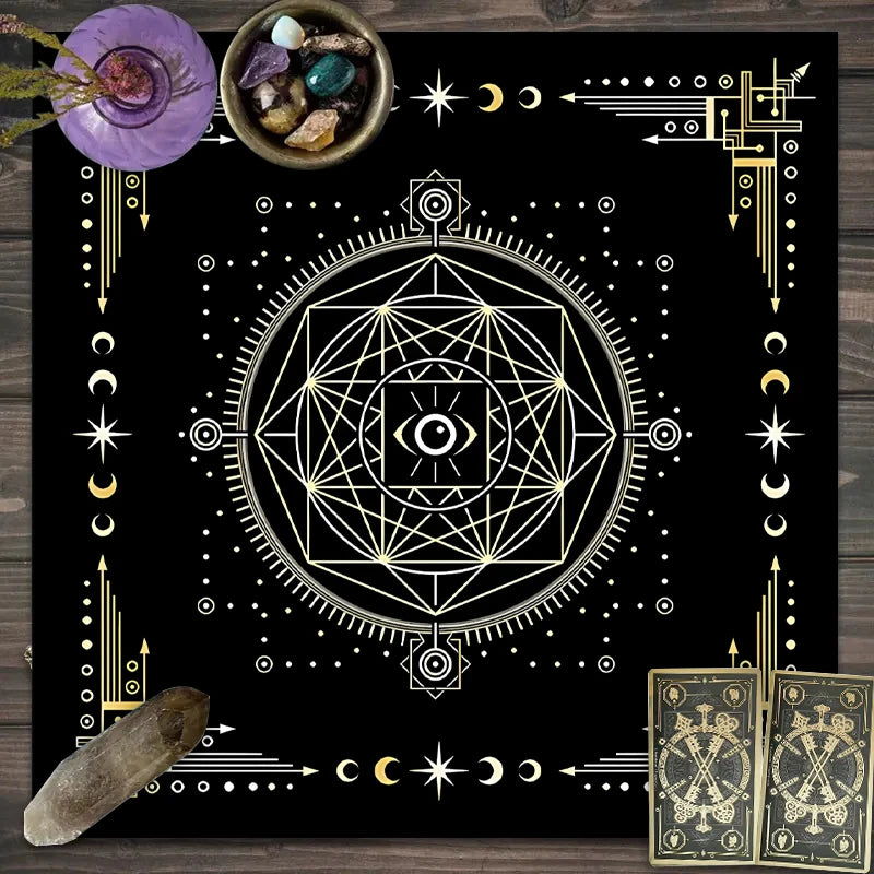 Nappe de Tarot en Velours – Lune, Chat Noir, Soleil et Lotus, Géométrie Sacrée, 7 Motifs, 2 Tailles