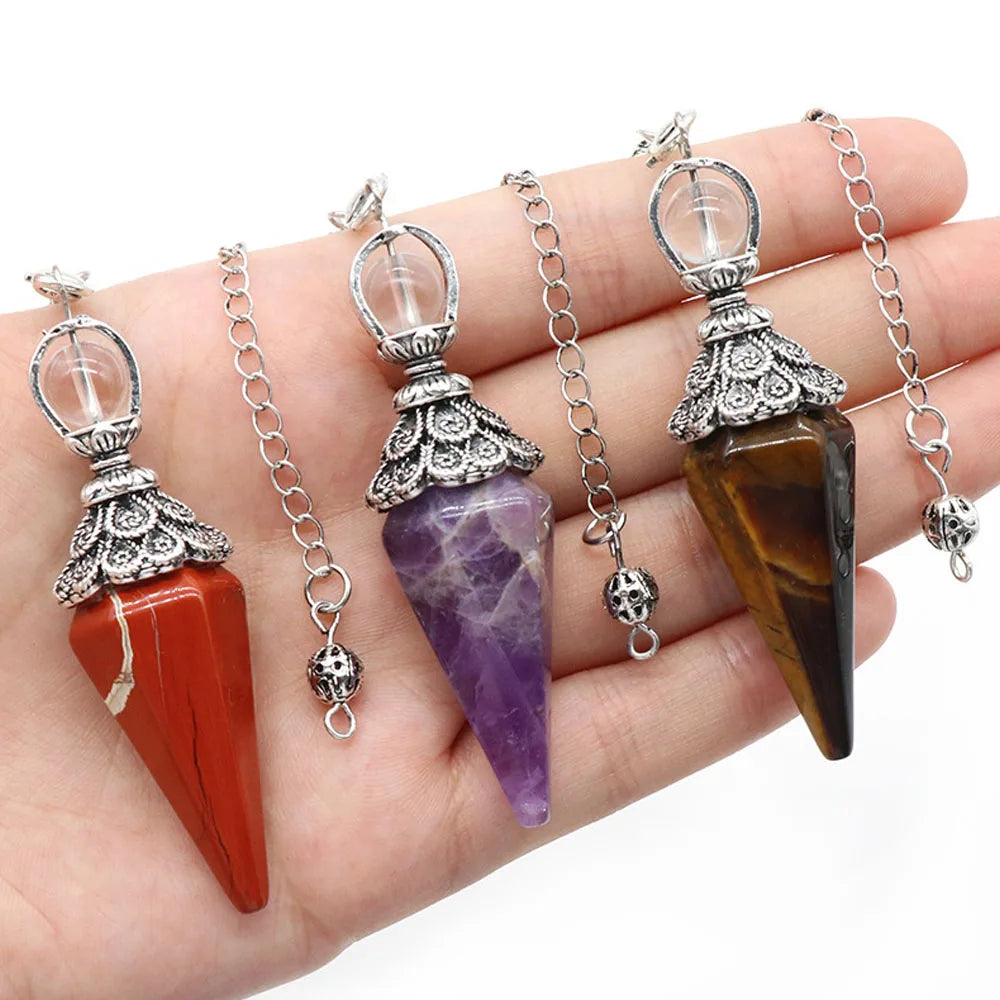 Pendule Cône Hexagonal en Pierre Naturelle Facettée – Quartz Rose, Améthyste, Œil de Tigre… 8 Pierres