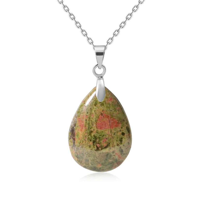 Collier Pendentif Goutte en Pierre Naturelle au Choix – Monture Dorée ou Argentée, avec Chaîne