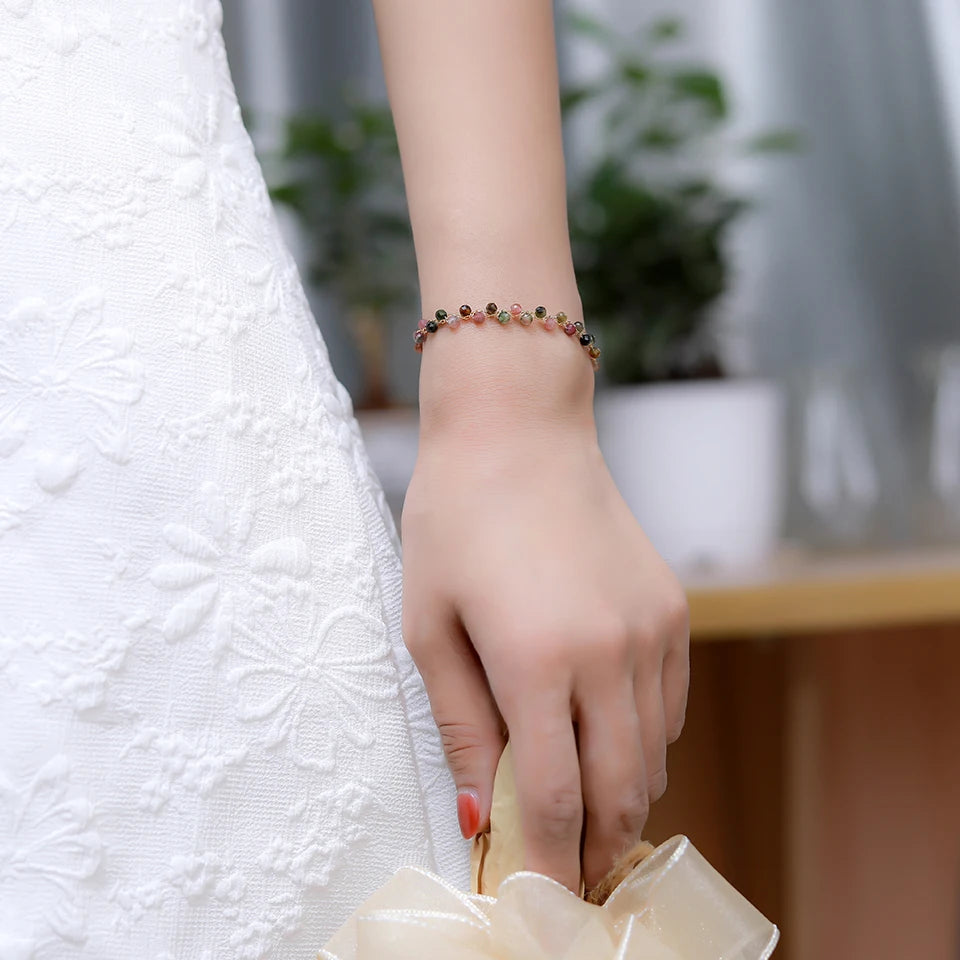 Bracelet Chaîne Dorée Perles Facettées 3 mm – Pierre Naturelle au Choix et Perle d'Eau Douce