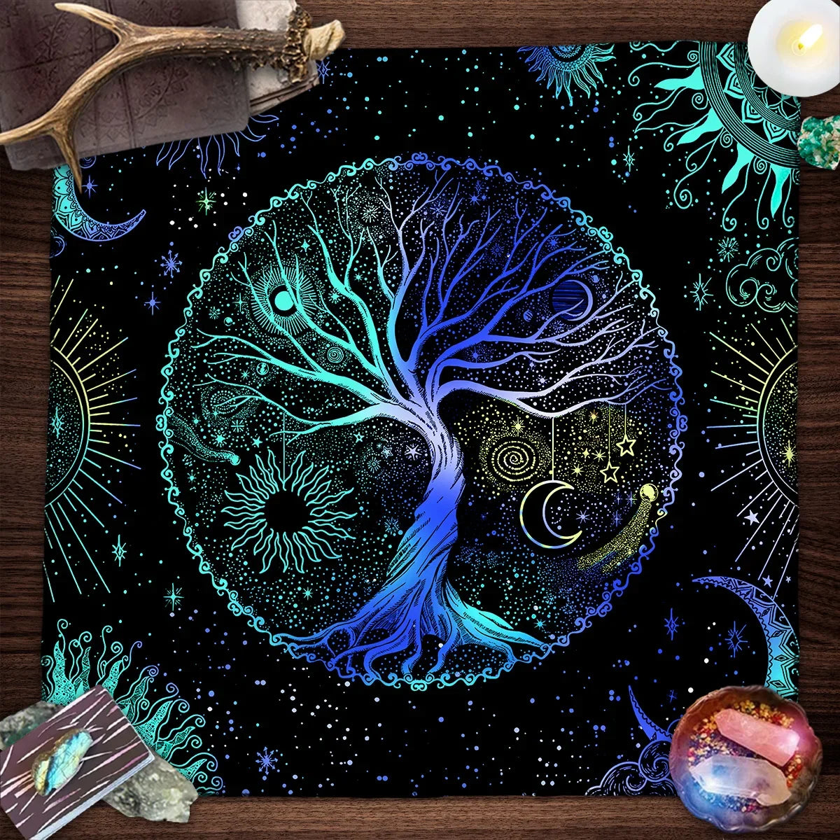 Nappe de Tarot Arbre de Vie en Velours – 15 Motifs : Arbre Doré, Phases de Lune, 50 ou 75 cm