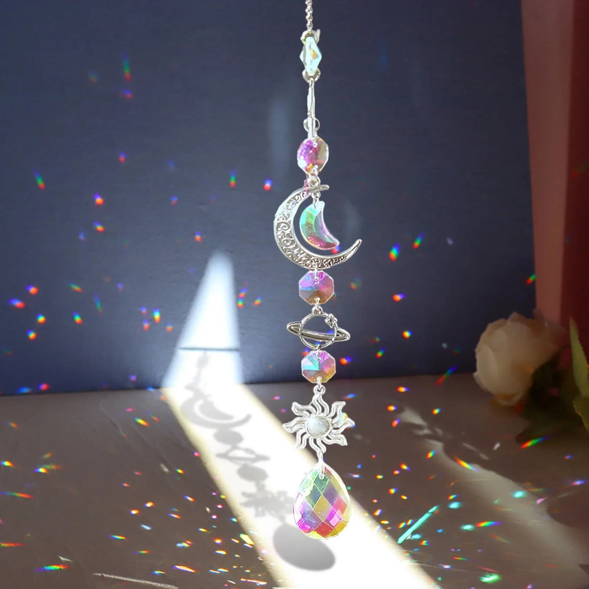 Attrape-Soleil en Cristal – Suspension Arc-en-Ciel à Prismes, Lune et Étoiles, 4 Modèles