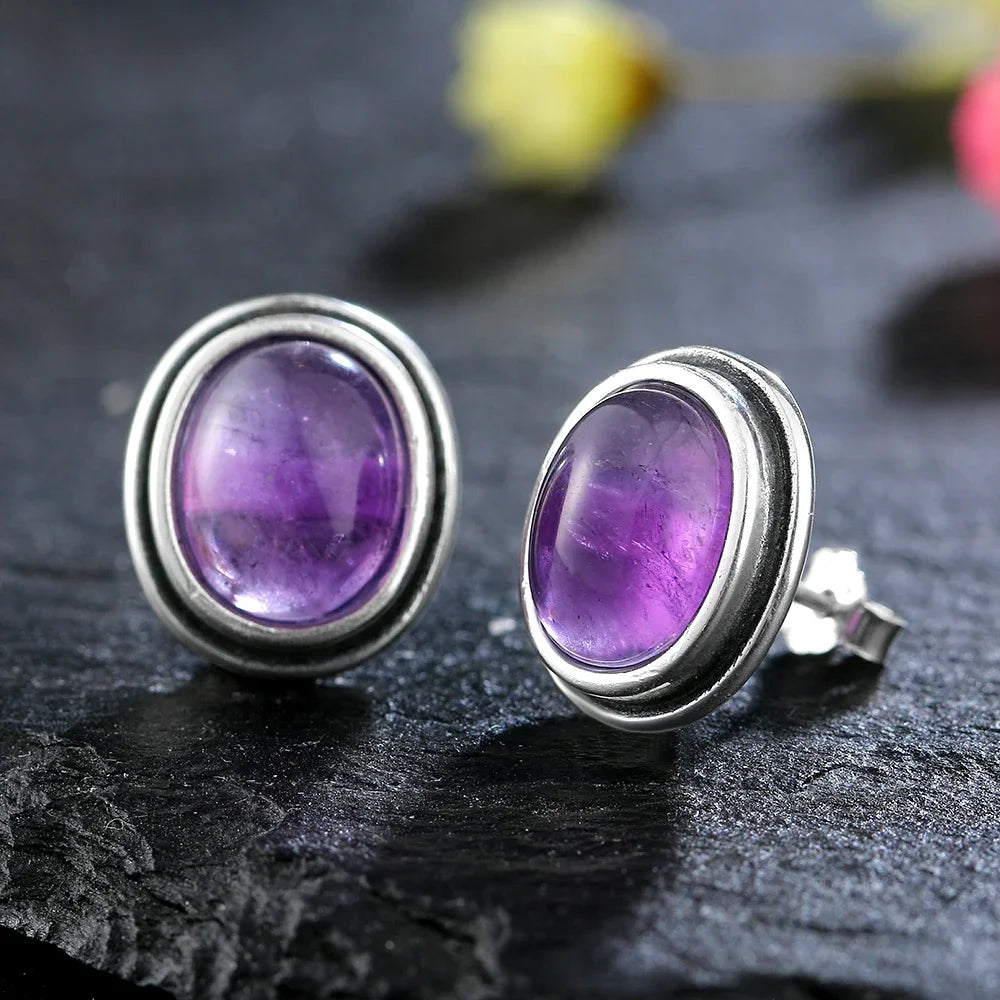 Clous d'Oreilles Ovales 8 x 10 mm en Pierre Naturelle – Labradorite, Cyanite ou Améthyste, Plaqué Argent
