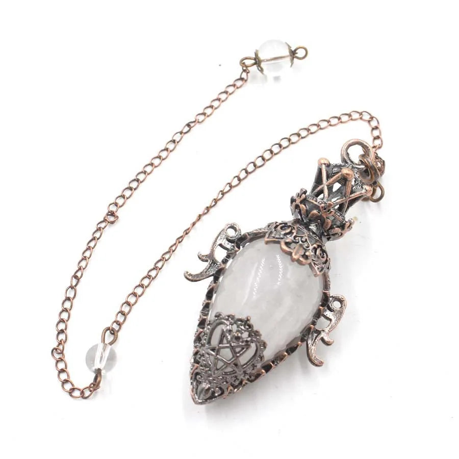 Grand Pendule Vintage en Pierre Naturelle – Cœur Serti Monture Cuivrée, Obsidienne, Améthyste, Labradorite…