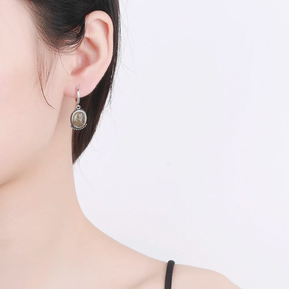 Boucles d'Oreilles Créoles Vintage à Cabochon Ovale – Pierre de Lune, Labradorite, Améthyste… Plaqué Argent