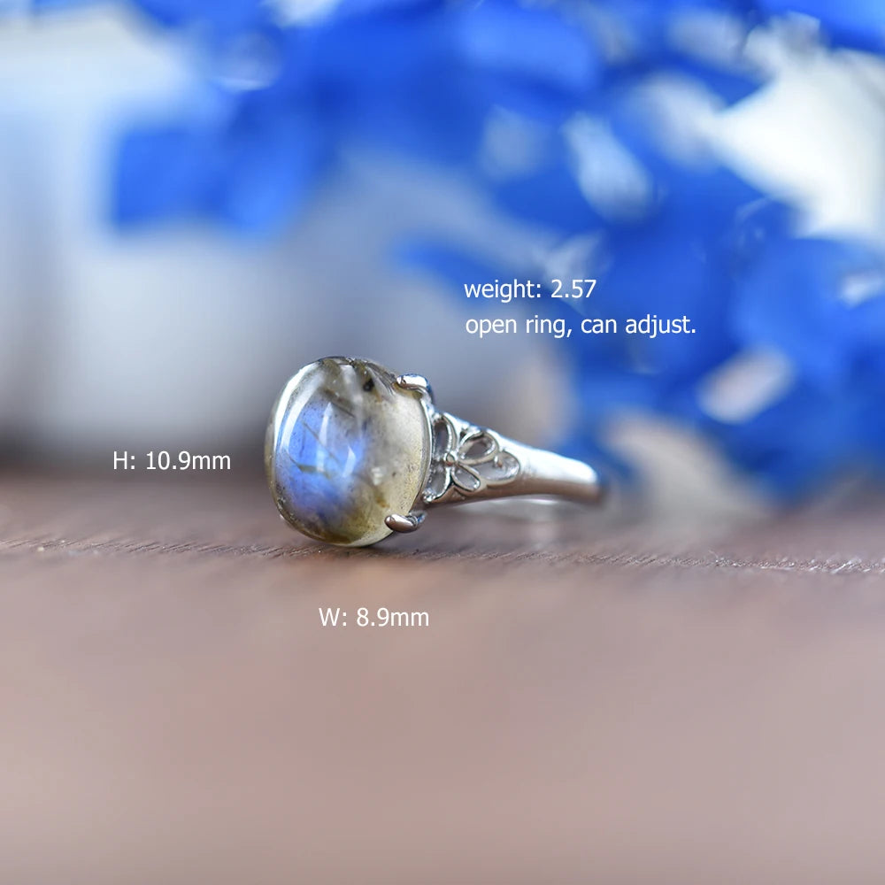 Bague Fleur Ajourée en Labradorite Naturelle – Cabochon Ovale 8 x 10 mm, Taille Ajustable