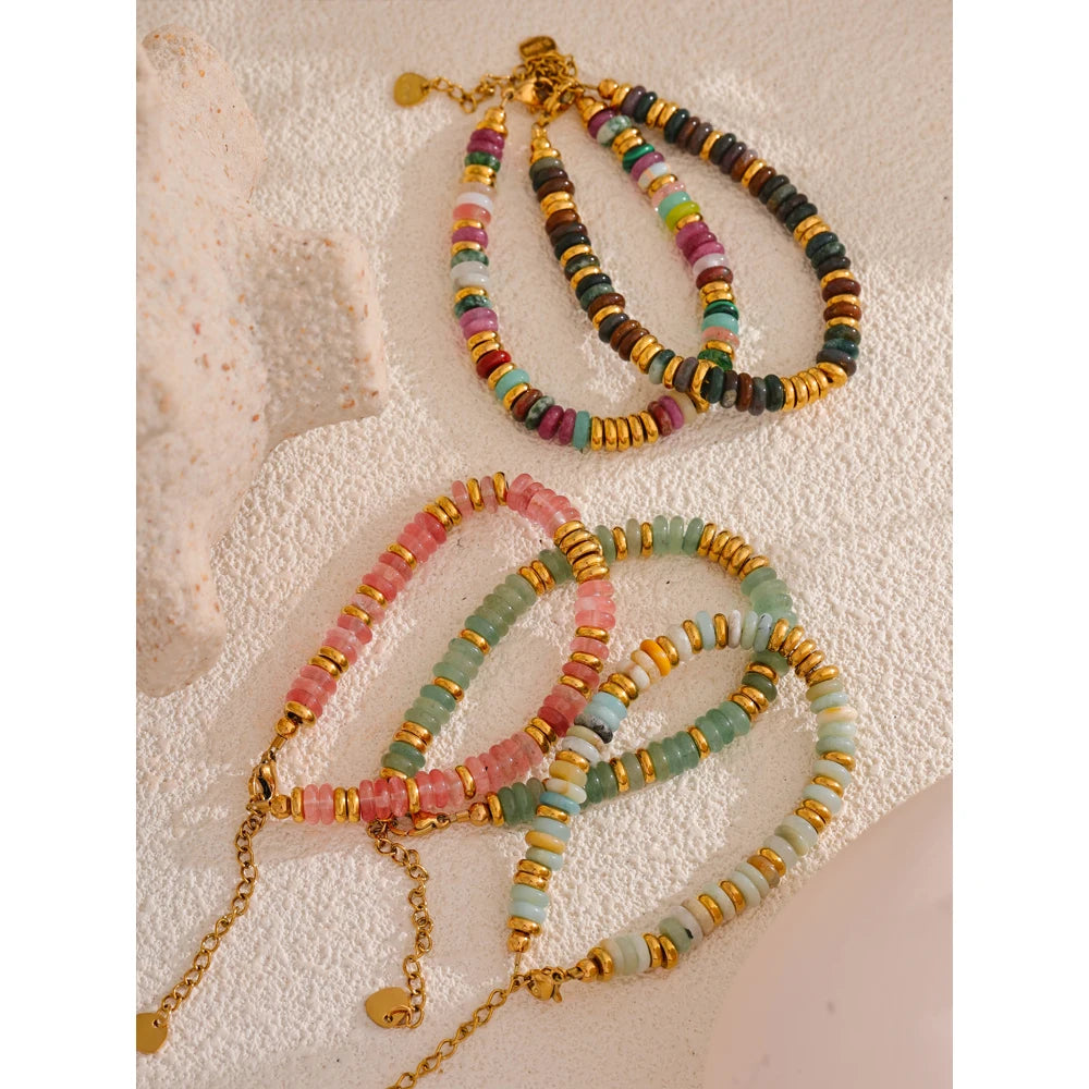 Bracelet Perles Heishi en Pierre Naturelle et Acier Doré – Œil de Tigre, Amazonite, 8 Pierres