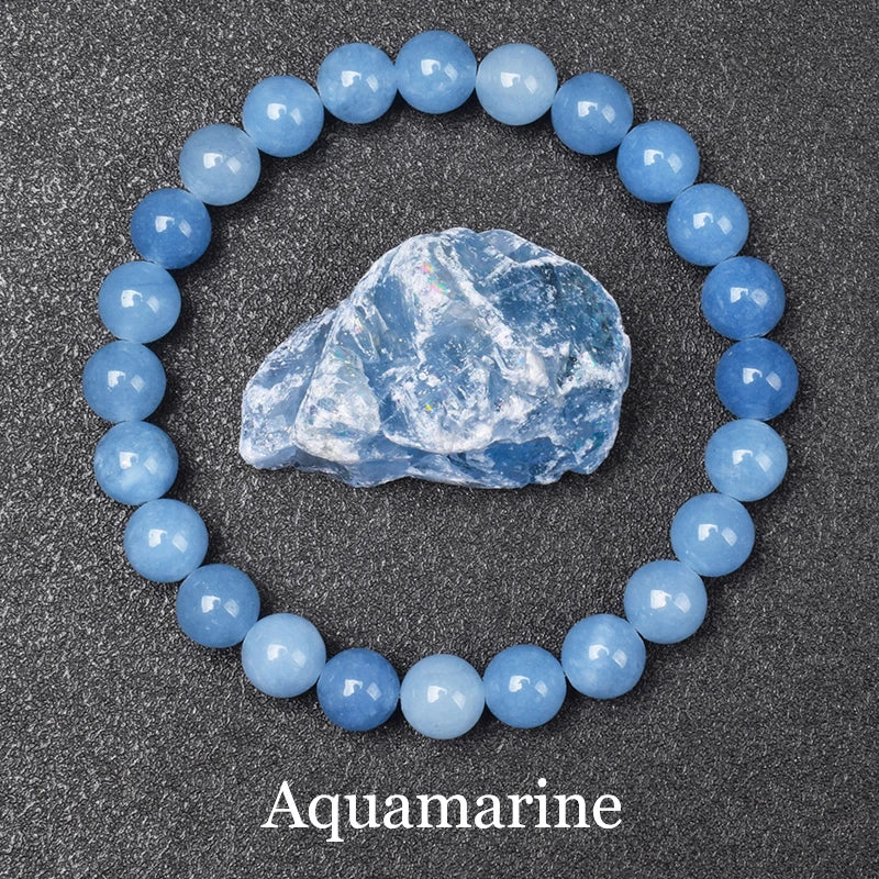 Bracelet Aigue-Marine Naturelle – Perles Bleu Ciel 6 ou 8 mm, 17 à 21 cm, Élastique