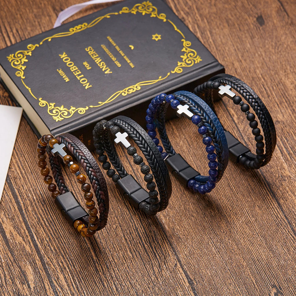Bracelet Cuir Homme Multi-Rangs avec Perles de Pierre et Croix – 22 cm, 4 Coloris