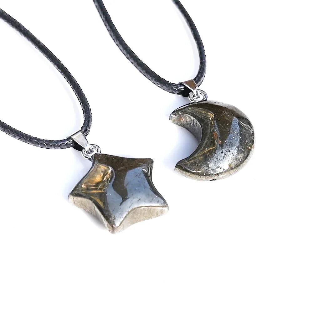 Collier Pyrite Naturelle Étoile ou Lune – Pendentif en Pierre Brillante sur Cordon Noir, Bijou Pierre Naturelle Femme et Homme, Idée Cadeau