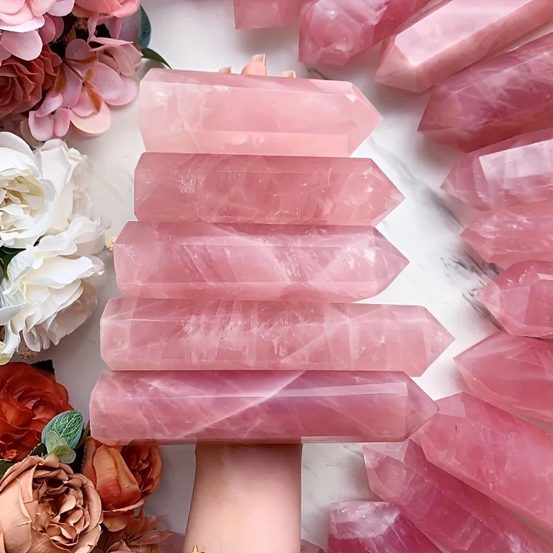 Pointe de Quartz Rose Naturel – Tour Polie à 6 Faces, de 4 à 16 cm