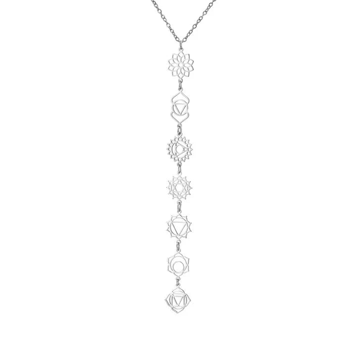 Collier 7 Chakras en Acier Inoxydable – Symboles des Chakras et Perles, Doré ou Argenté, 3 Modèles