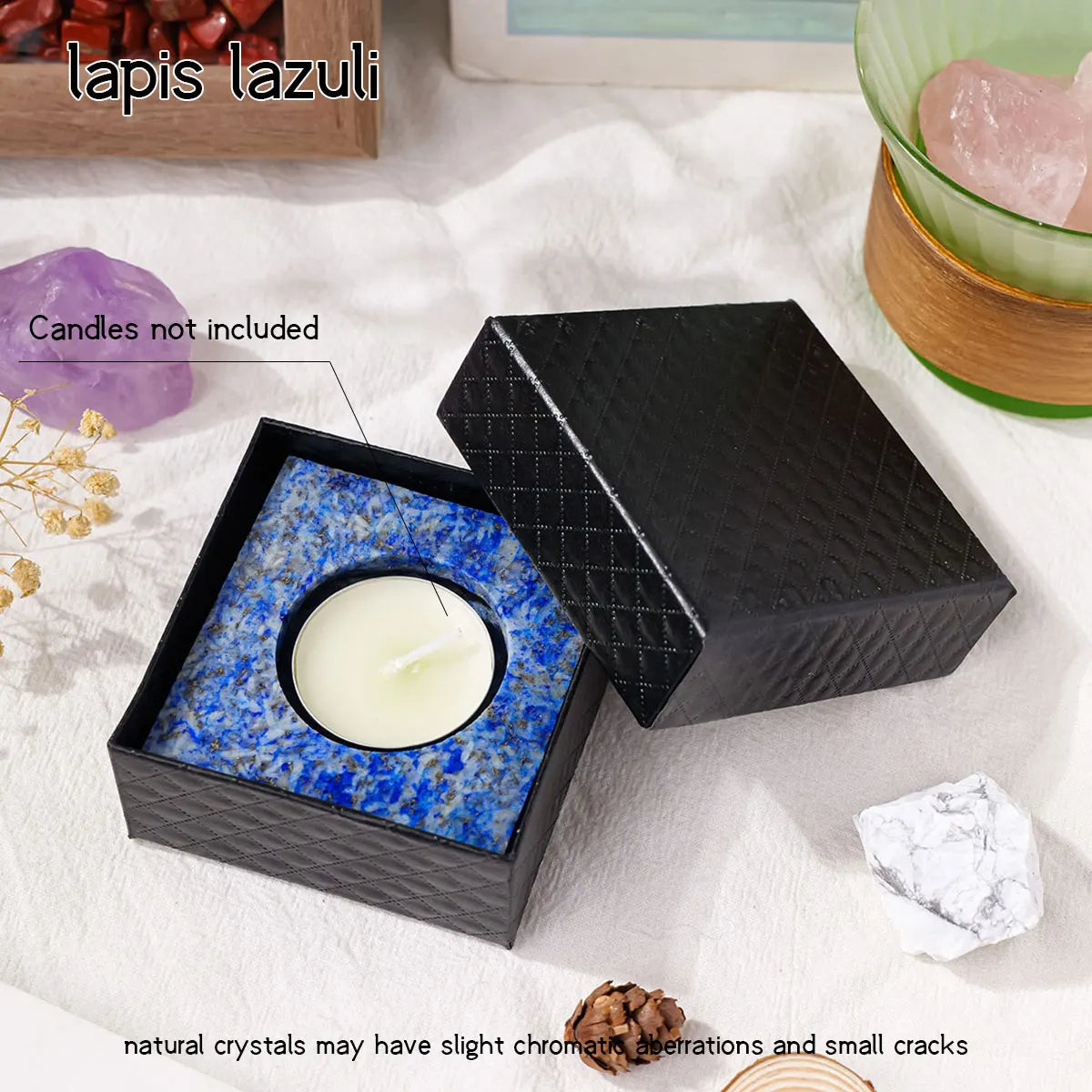 Bougeoir Carré en Pierre Brute – Quartz Rose, Améthyste, Labradorite, Cristal de Roche…