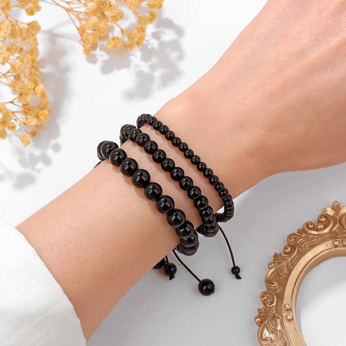 Bracelet Cordon Tressé Réglable – Perles de Pierre Naturelle au Choix 4, 6 ou 8 mm, avec Carte