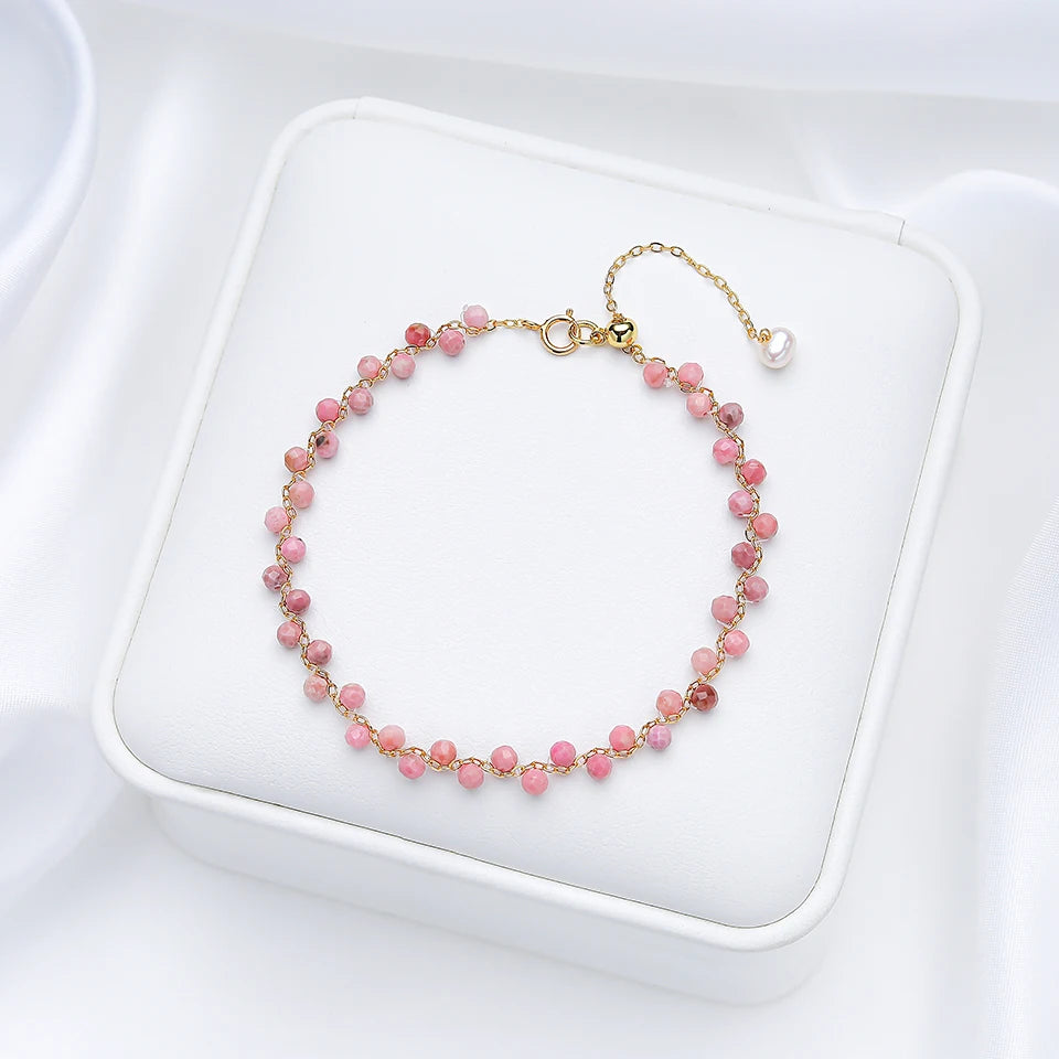 Bracelet Chaîne Dorée Perles Facettées 3 mm – Pierre Naturelle au Choix et Perle d'Eau Douce