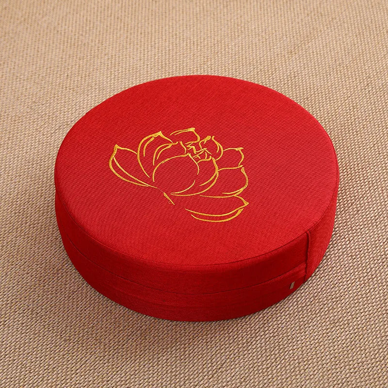 Coussin de Méditation Rond en Lin 40 cm – Brodé Fleur de Lotus, Housse Déhoussable, 9 Coloris