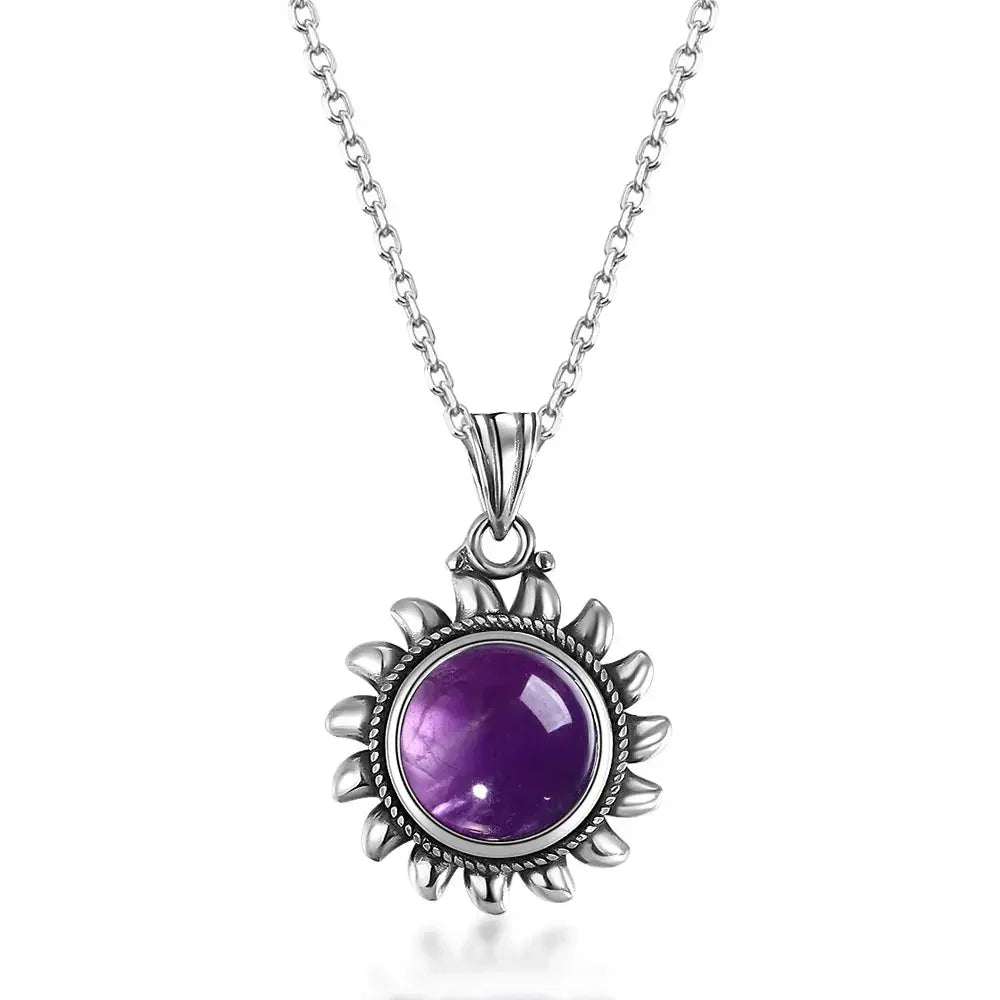 Collier Soleil Argent 925 – Lapis-Lazuli, Améthyste, Pierre de Lune ou Quartz Rose, Style Vintage