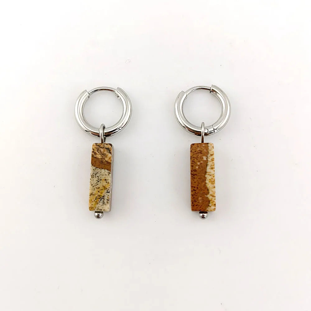Petites Créoles à Pierre Rectangulaire – Œil de Tigre, Jaspe Paysage ou Léopard, Doré ou Argenté