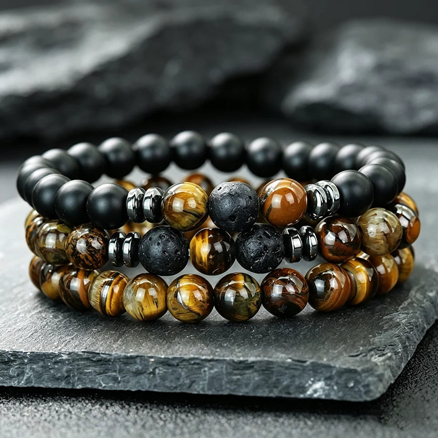 Lot de 3 Bracelets Homme en Pierres Naturelles – Œil de Tigre, Pierre de Lave et Onyx Mat