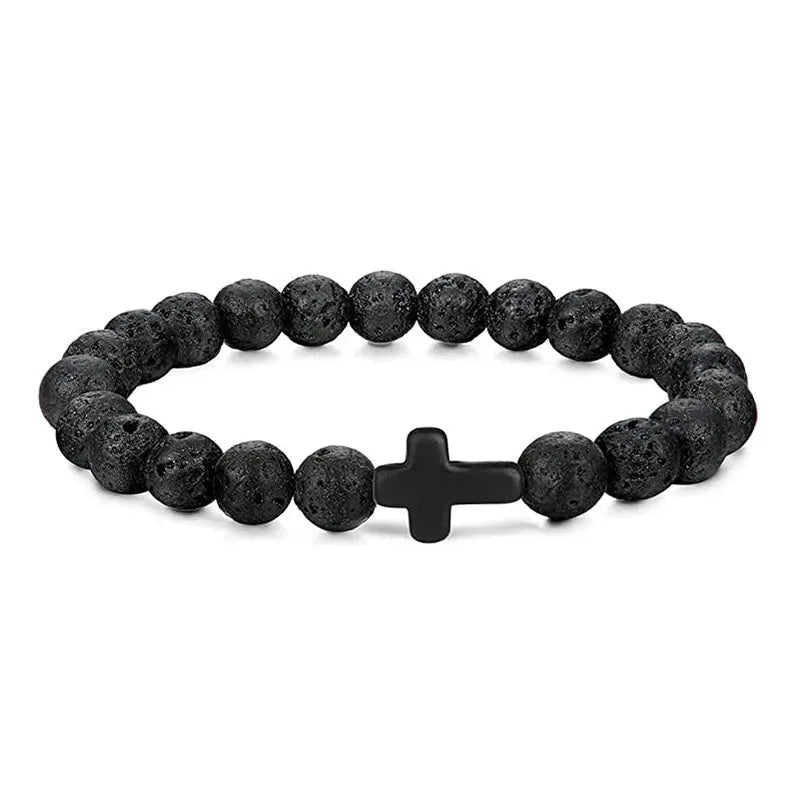 Bracelet Croix en Pierre Naturelle 8 mm – Œil de Tigre, Onyx, Howlite ou Pierre de Lave