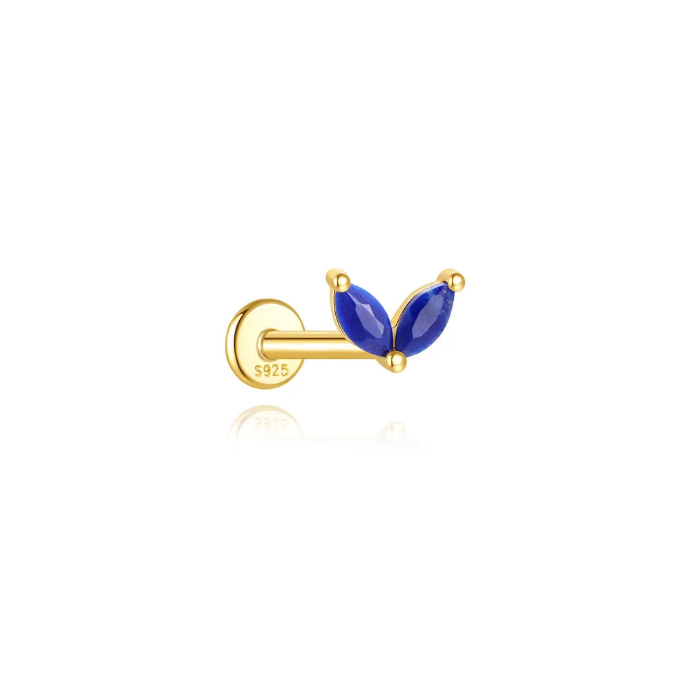 Piercing en Argent 925 et Lapis-Lazuli – Clou Plat Étoile, Fleur, Papillon, 16 Modèles Doré ou Argenté