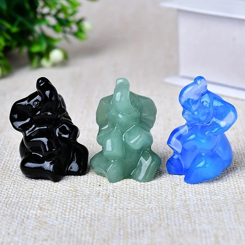 Éléphant Sculpté en Pierre Naturelle 3,5 cm – Figurine Porte-Bonheur en Labradorite, Quartz Rose…
