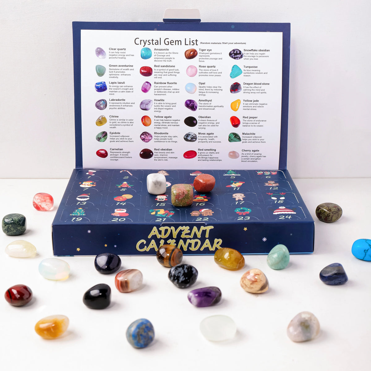 Calendrier de l'Avent Pierres Naturelles – 24 Cristaux à Découvrir, Pierres Roulées ou Brutes, Coffret Minéraux avec Carte des Pierres, Lithothérapie, Idée Cadeau Noël