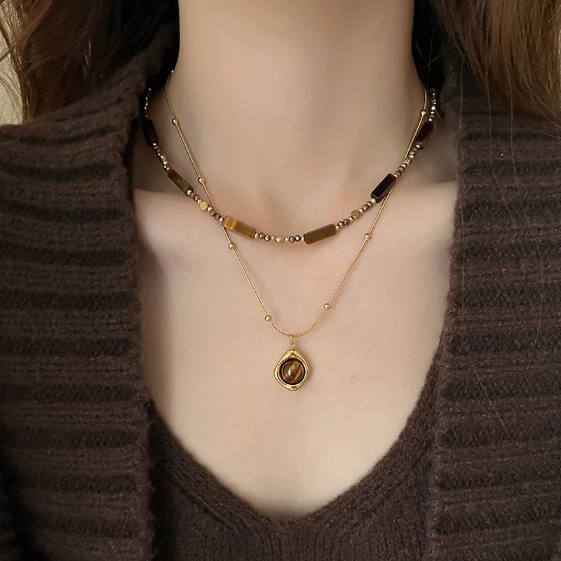 Collier Œil de Tigre Doré Femme à Superposer – Rang de Perles ou Pendentif Goutte, Acier Inoxydable, Bijou Pierre Naturelle, Idée Cadeau
