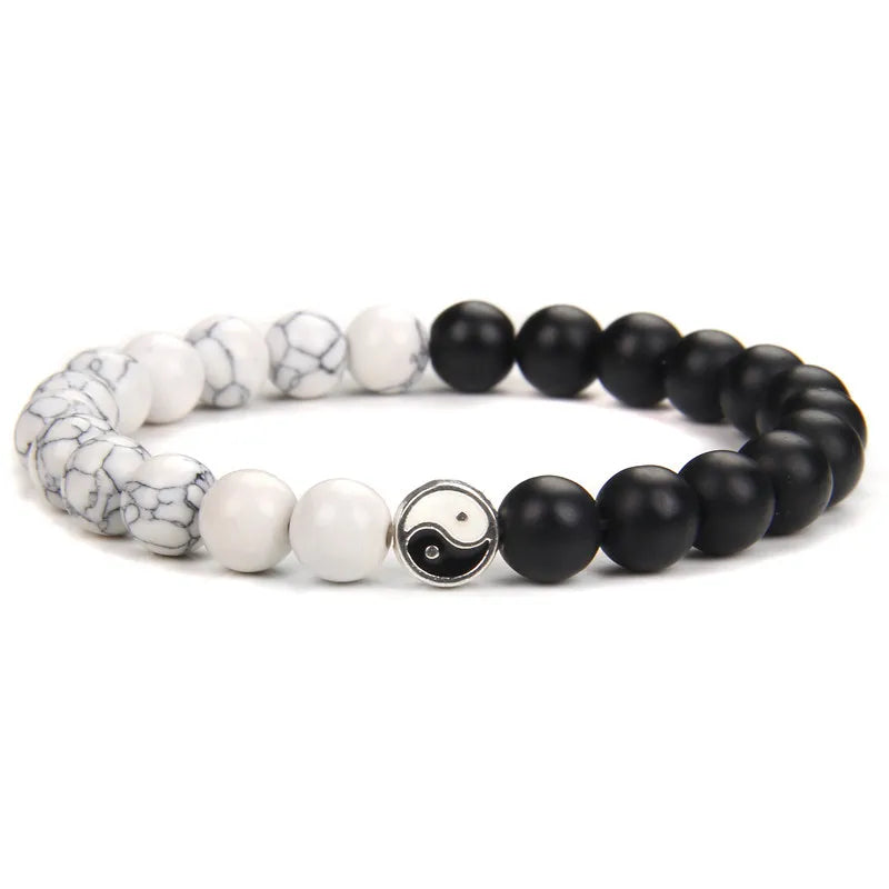 Bracelet Yin Yang Onyx Mat et Howlite – À l'Unité ou en Duo pour Couple, 17 à 21 cm