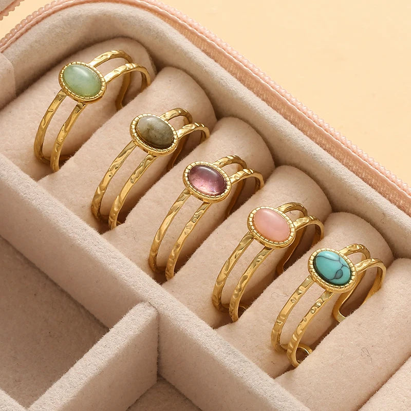 Bague Pierre Naturelle Ajustable – Acier Inoxydable, Style Vintage, 5 Pierres au Choix
