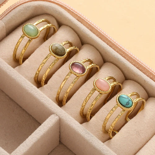 Bague Pierre Naturelle Femme Ajustable – Acier Inoxydable, Style Vintage, Bague Lithothérapie, Idée Cadeau Femme, 5 Pierres au Choix