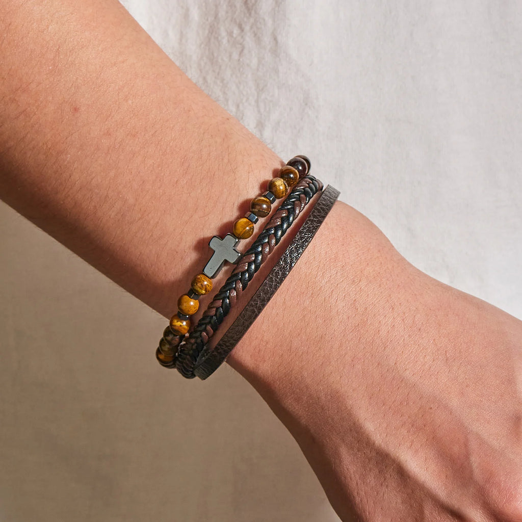 Bracelet Cuir Homme Multi-Rangs avec Perles de Pierre et Croix – 22 cm, 4 Coloris