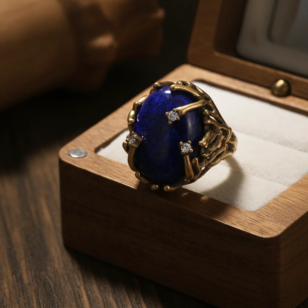 Bague Ouverte Vintage Dorée à Griffes – Grand Cabochon Lapis-Lazuli, Améthyste ou Œil de Tigre