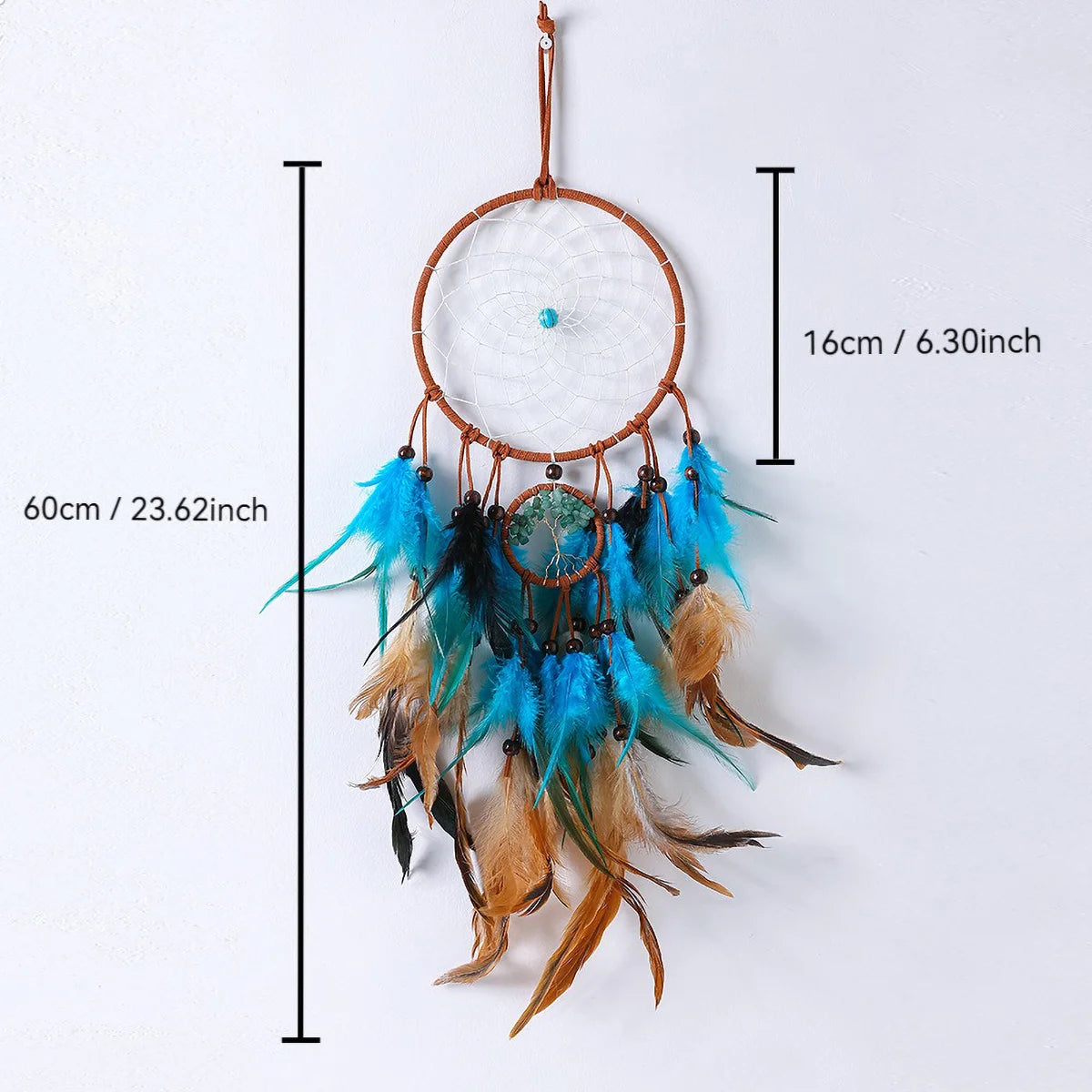 Attrape-Rêves aux Plumes Turquoise – Toile Tissée et Pierre au Centre, Décoration Bohème 60 cm