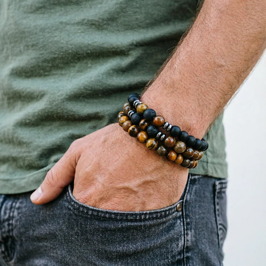 Lot de 3 Bracelets Homme en Pierres Naturelles – Œil de Tigre, Pierre de Lave et Onyx Mat