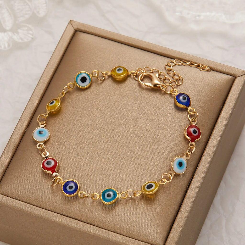 Bracelet Chaîne Œil Turc Émaillé – Bracelet Fin Doré Réglable, 5 Coloris
