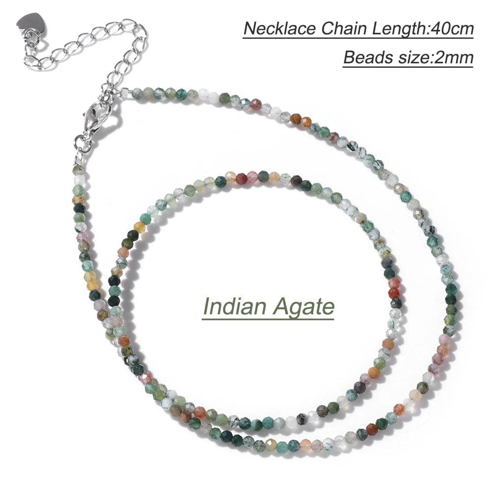 Collier Perles Facettées 2 mm en Pierre Naturelle – Ras du Cou Ultra-Fin, 14 Pierres, 40 cm
