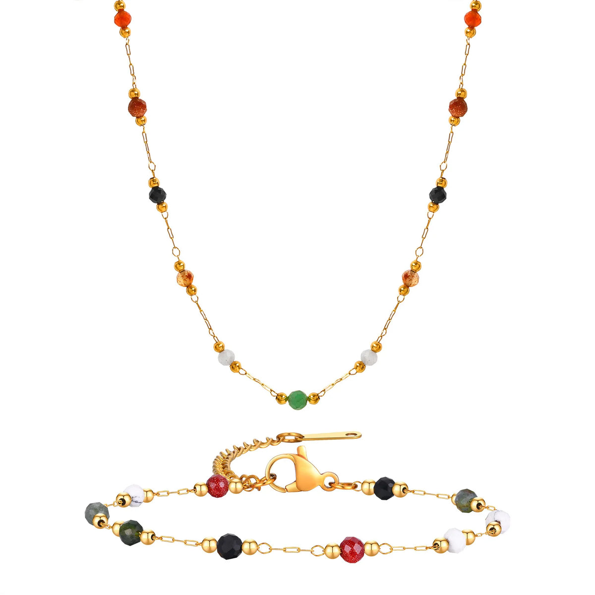 Chaîne Fine Perles de Pierres Naturelles – Collier, Bracelet ou Chevillère, Acier Doré 18 Carats