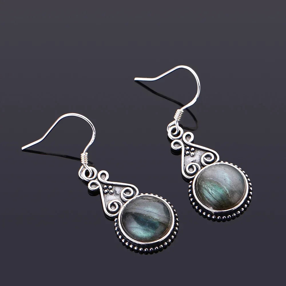 Boucles d'Oreilles Pendantes Vintage Pierre Ronde 10 mm – Labradorite, Lapis, Œil de Tigre, Rhodochrosite